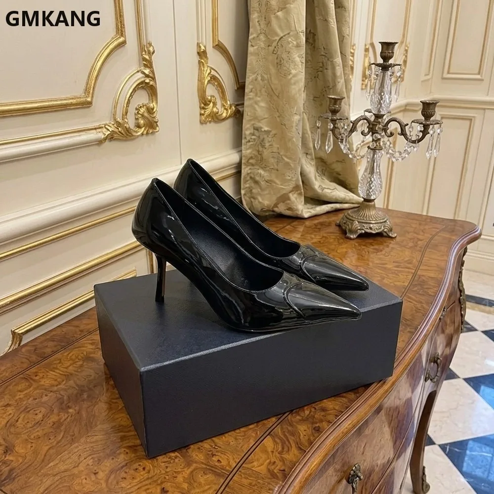 

Women's Pointed Toe Patent Leather Low Heel Open Toe Mules, Slip On Chunky Heel Dress Shoes, Breathable Summer Comfort