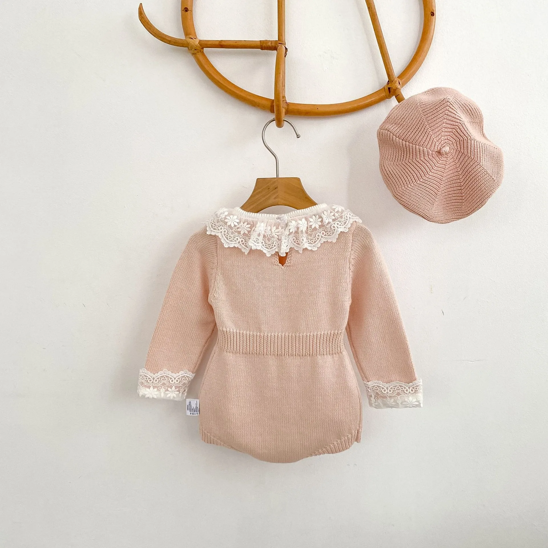 Spring and Autumn Infant Lace Collar Knitted Bag fart Clothes Ha Yi Long Sleeve Joint Triangle Climbing Clothes