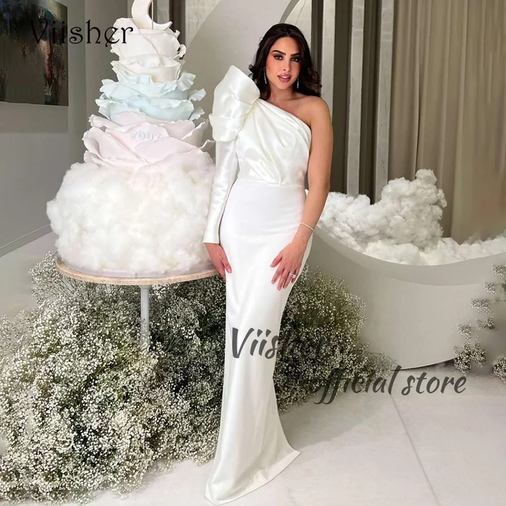 Viisher White One Shoulder Mermaid Evening Dresses Pleats Satin Bodycon Long Formal Prom Dress Floor Length Arabic Party Gown