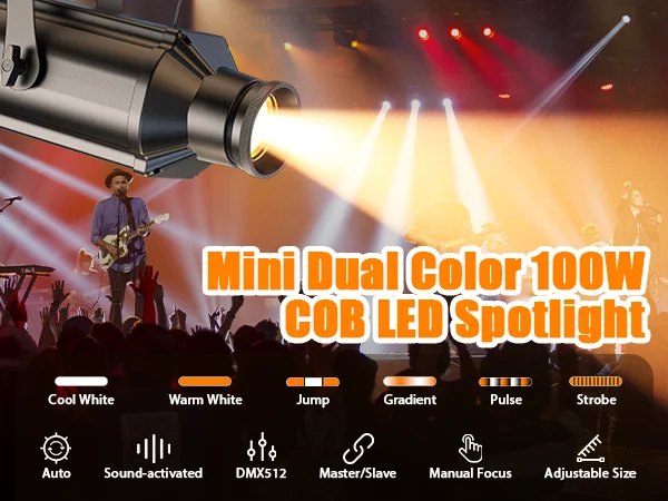 U'King 2PCS 100W COB Spotlight Cool/Warm White LED Profile Light DMX512 Manual Focus Stage Light Strobe Effect for DJ Wedding
