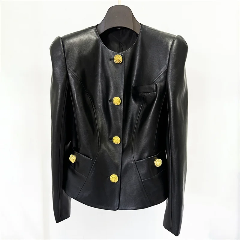 Giacca in pelle da donna Nuovo autunno 2025 monopetto slim fit girocollo top a maniche lunghe Cappotto da donna in pelle PU artificiale