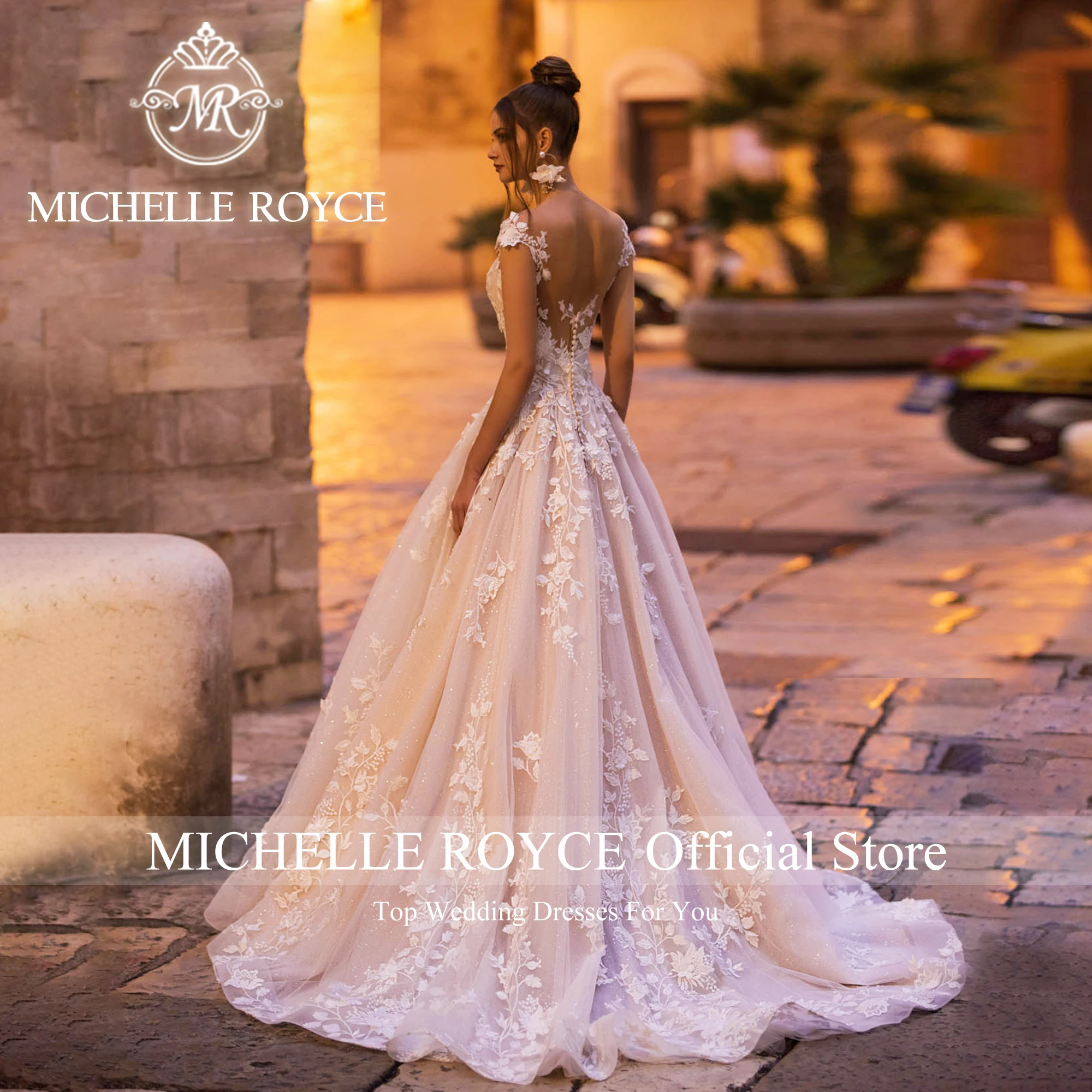 Michelle Royce A-Line Wedding Dresses For Women 2024 Deep V-neck Short Sleeve Appliques Backless Wedding Gowns Vestidos De Noiva