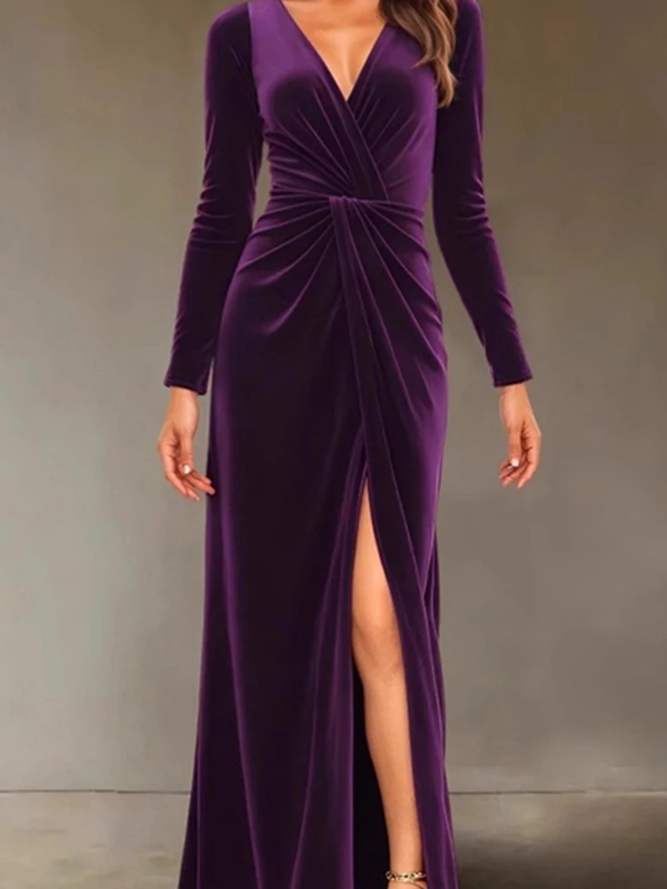 

Сексуальное однотонное плиссированное платье трапециевидной формы, бархатное платье для женщин, осень-зима 202, новое вечернее платье с v-образным вырезом и высокой талией
