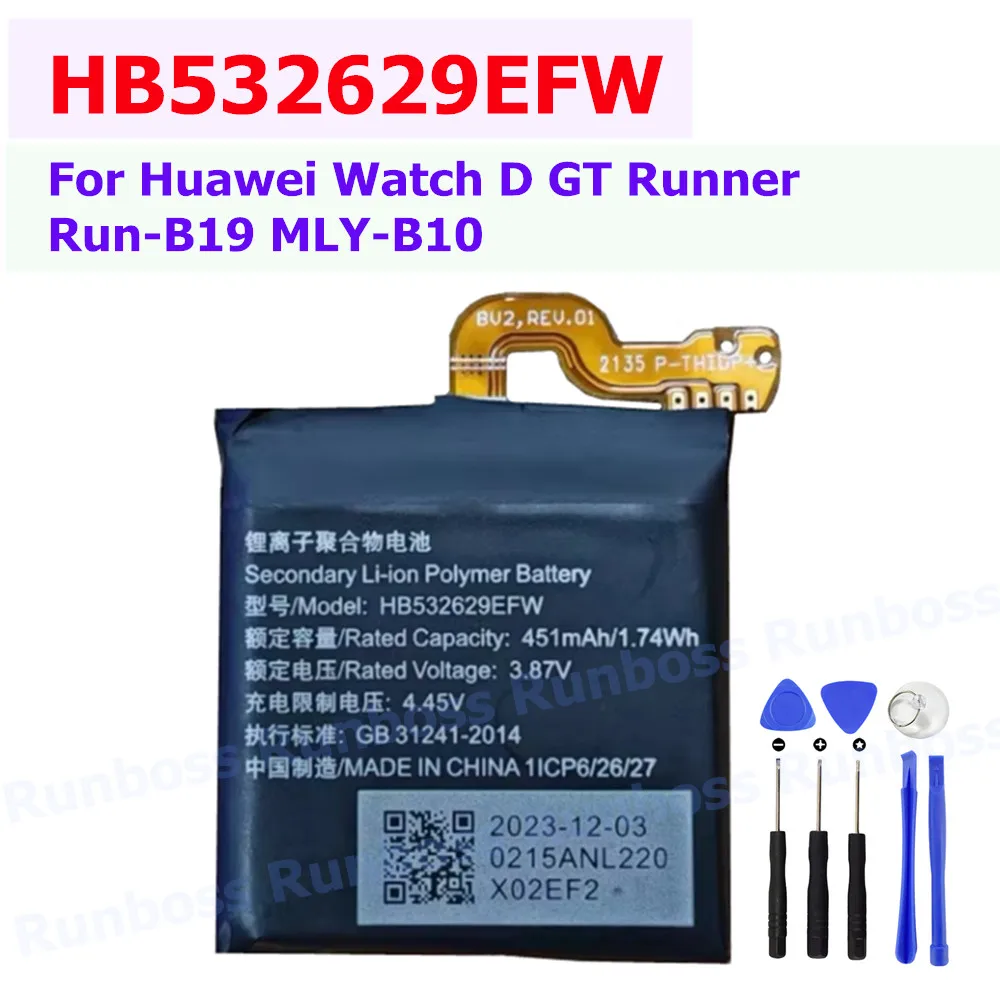 Novo HB de alta qualidade 532629 Bateria EFW 451mAh para Huawei Watch D GT Runner Run-B19 MLY-B10 Bateria