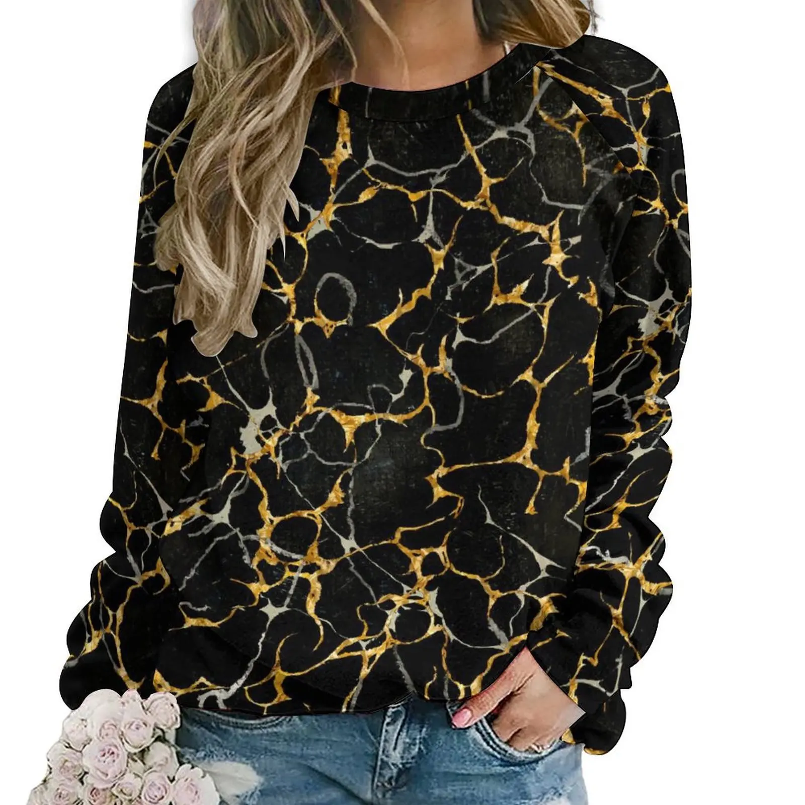 Modern Marble Hoodies Female Black Gold Classic Casual Hoodie Long Sleeve Elegant Design Sweatshirts Large Size 2XL 3XL