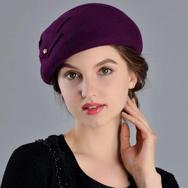 French Berets Caps For Women Fashion 100% Wool Felt Fedora Hat Winter Blue Purple Red Church Office Lady Vintage Cloche Hats H46