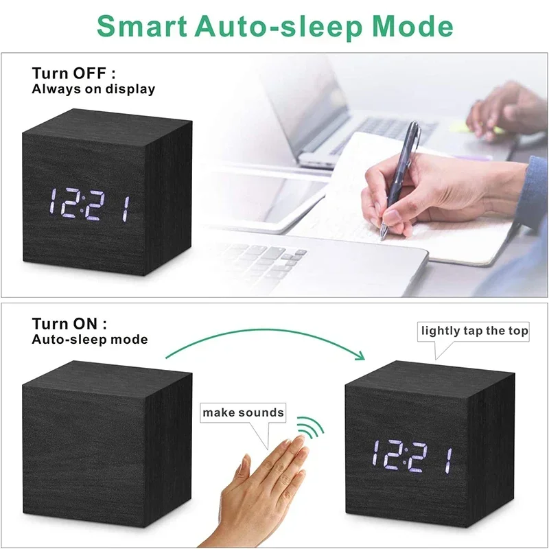 

Wood Retro Square Digital LED Alarm Clock Voice Control Glow Desk Clock with Snooze Function Desktop Table Decor