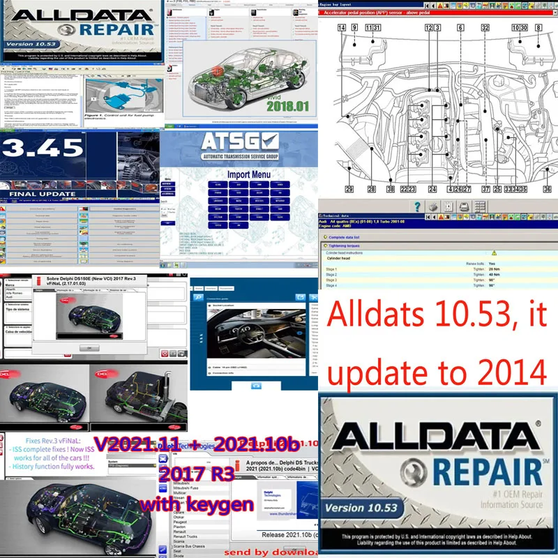 2024 year alldata10.53 online software auto repair 2014 autodata 3.45 vivid 2018.1 AutocomS V2021.11 + Delphi 2021.10b  2017 R3