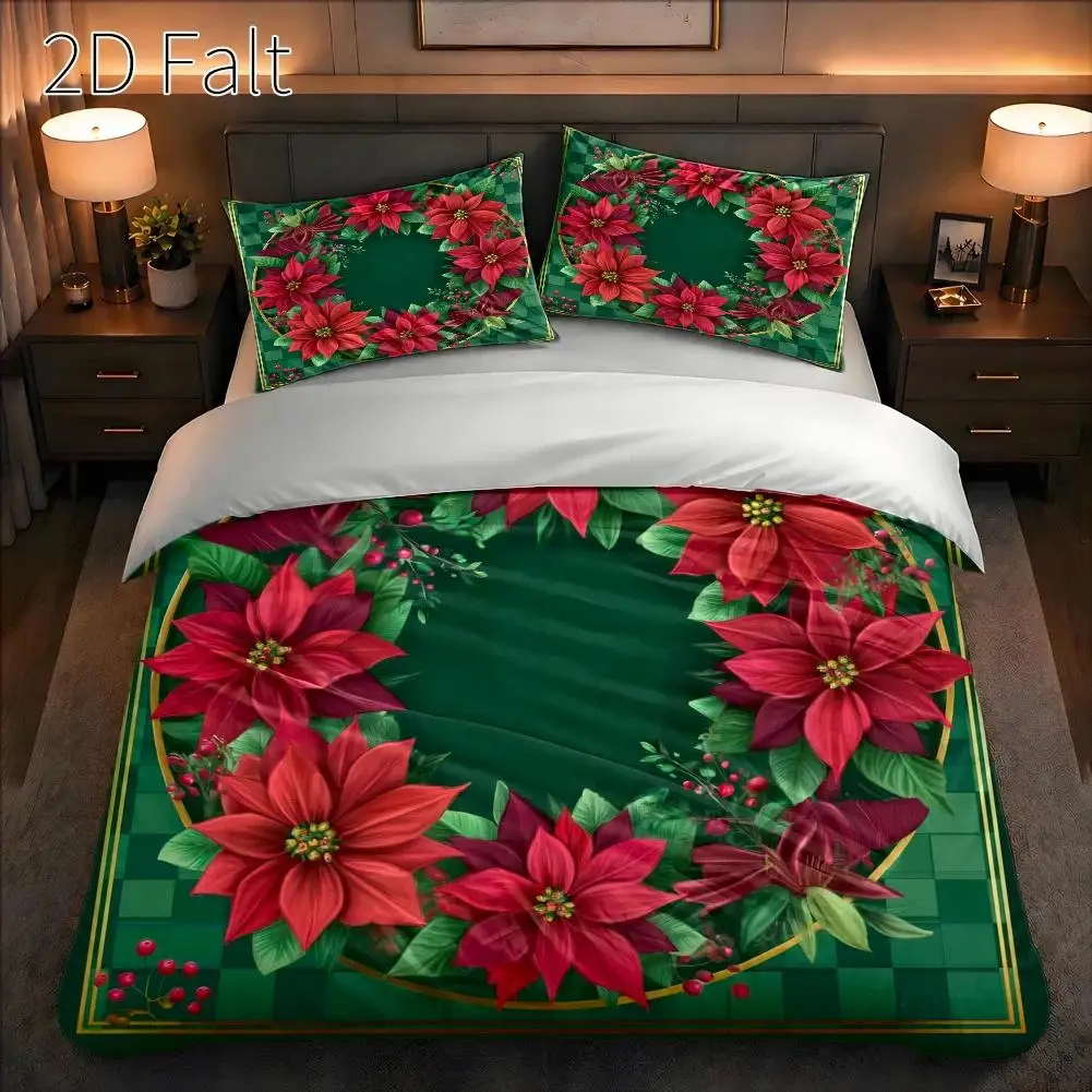 3-Piece Quilt Cover Set, 1 Quilt Cover + 2 Pillowcases (Without Filling) Quilt Cover 2D Flat Printing, Three-Piece Quilt Cover Set, Red Poinsettia Wreath Theme, Light Luxury Printed Quilt Cover Set, Christmas Atmosphere Essential, Holiday Decoration