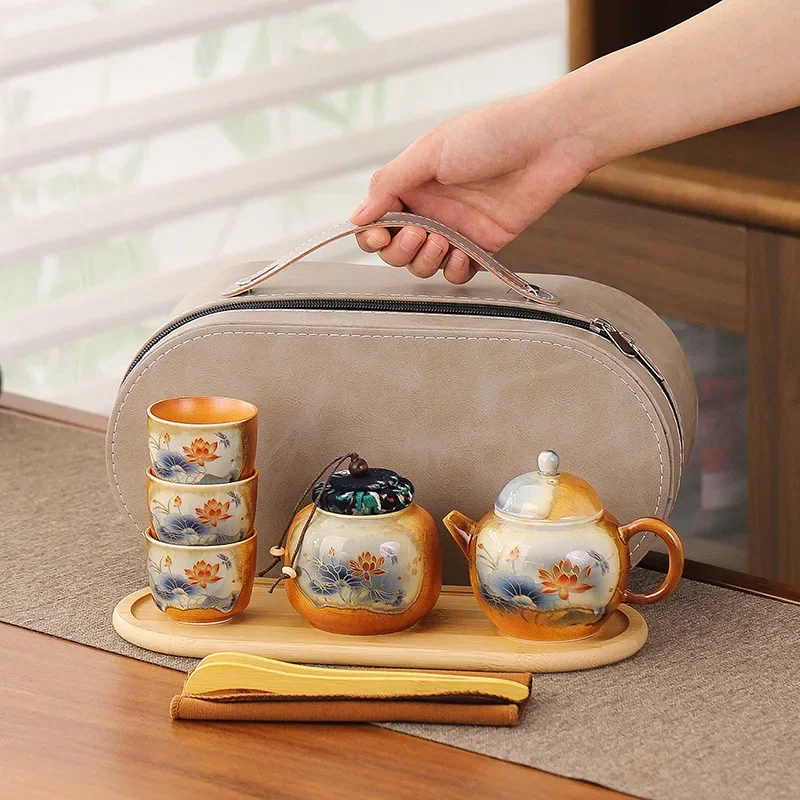 Retro Imitation Wood Fired One Pot Three Cup Camping Travel Tea Set Outdoor Luxury Gift Portable Travel Quick Ceramic Tea Set