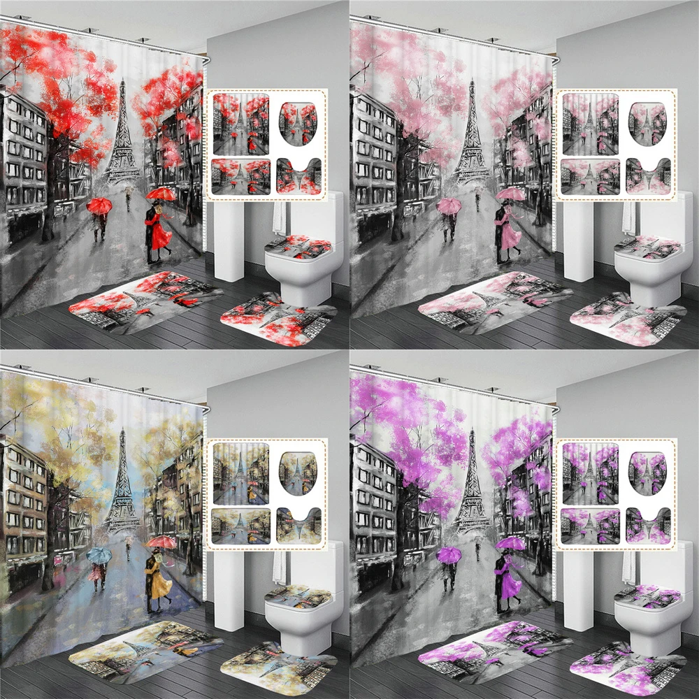 

Romantic Lovers Scenery Paris Tower Bathroom Curtain Waterproof Shower Curtains Set Bath Mats Rugs Toilet Cover Non-Slip Carpet