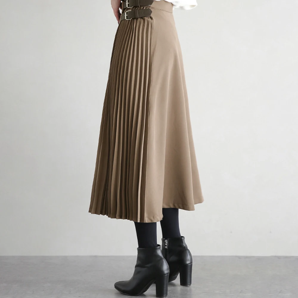 Women's Vintage High Waist Pleated Skirt Irregular Sashes Female Casual Skirts Mid Calf Autumn Winter New