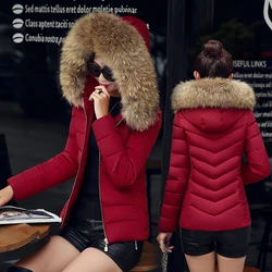2024 New Winter Jacket Womens Parkas Fur Collar Hooded Coats Casual Short Jacket Female Slim Cotton Padded Warm Outerwear P768