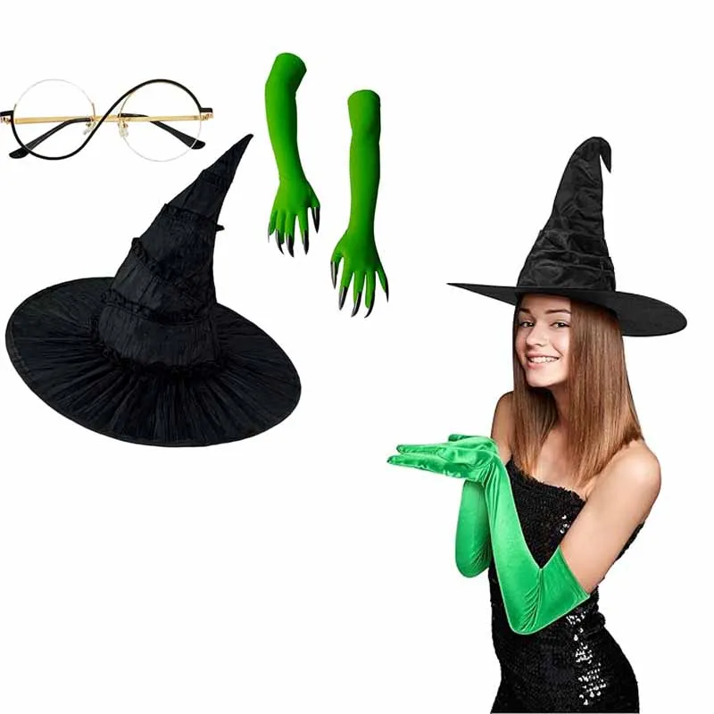 Ensemble de Cosplay de sorcière comprenant un chapeau de sorcière et des gants verts, un accessoire de Costume de fête de mascarade d'halloween pour les Fans de films