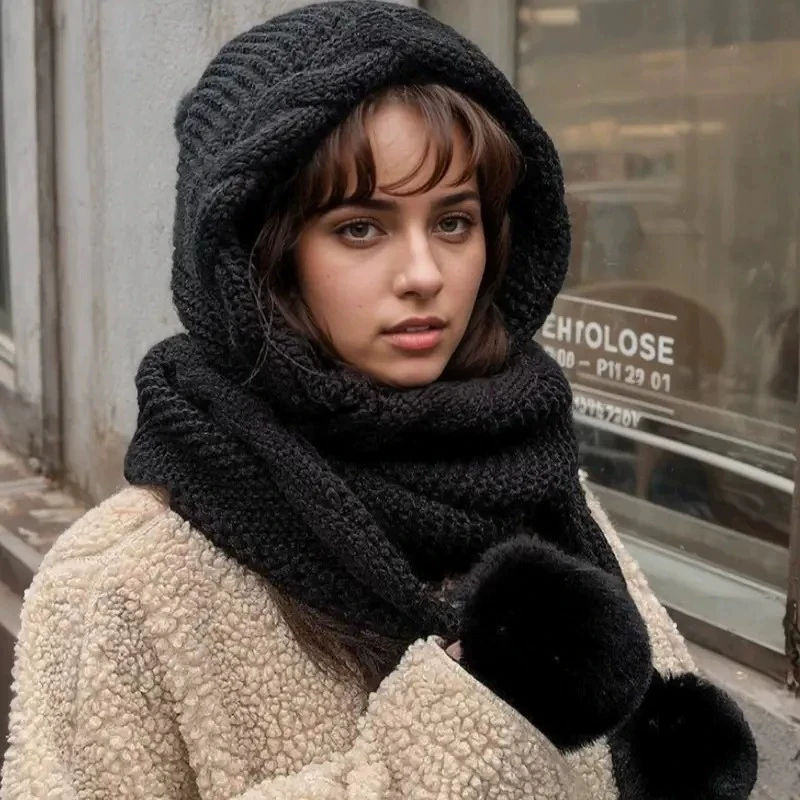 Women's Winter Hat Scarf Set - Thermal Wool Pom Beanie&Balaclava for Extreme Cold versatile hat with attached scarf knitted hat