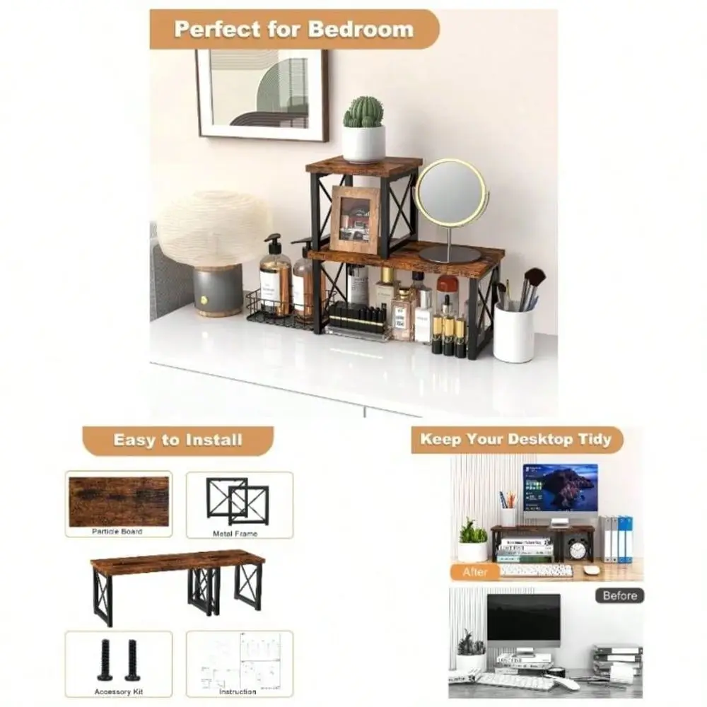Desk Shelf, 2 Tier Wood Desktop Bookshelf, Adjustable Freestanding Stackable Desk Organizer, Desktop Shelf Organizer Storage Ra