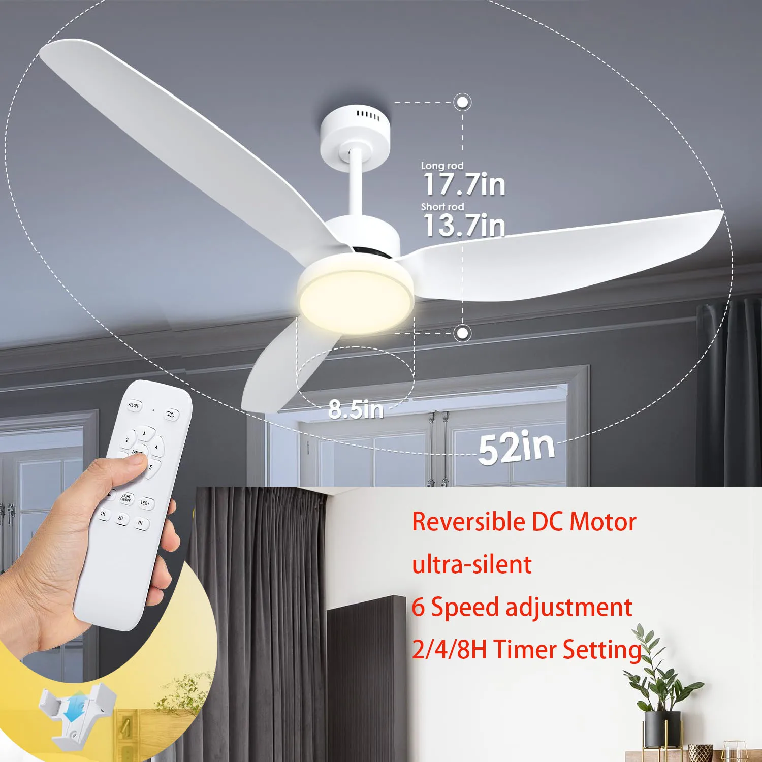 52in Remote Control Ceiling Fan With adjustable LED Light Electric Fan 3 Blades DC motor