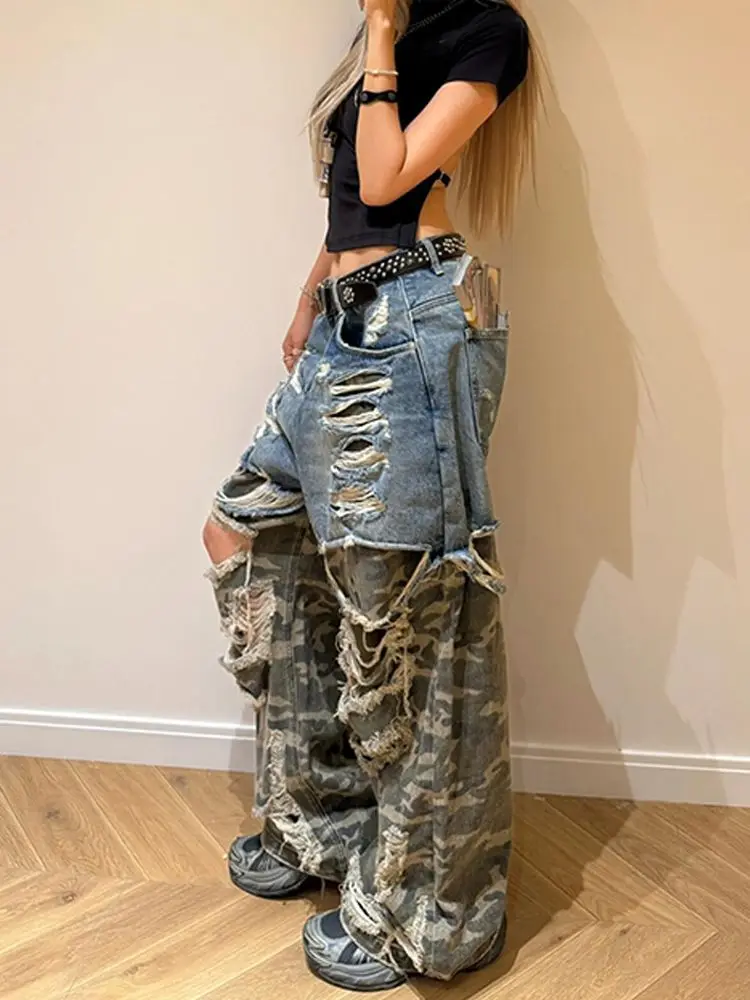 

American Retro Washed Splicing Camouflage Hole Ripped Jeans Women Wide-leg Pants Trousers Baggy Jeans