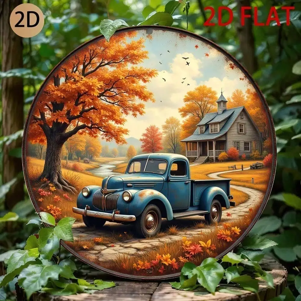 Vintage Fall Country Blue Old Pickup Truck House Autumn Scenery Round Metal Sign Retro Farmhouse Rustic Tin Plate Wall Decor for