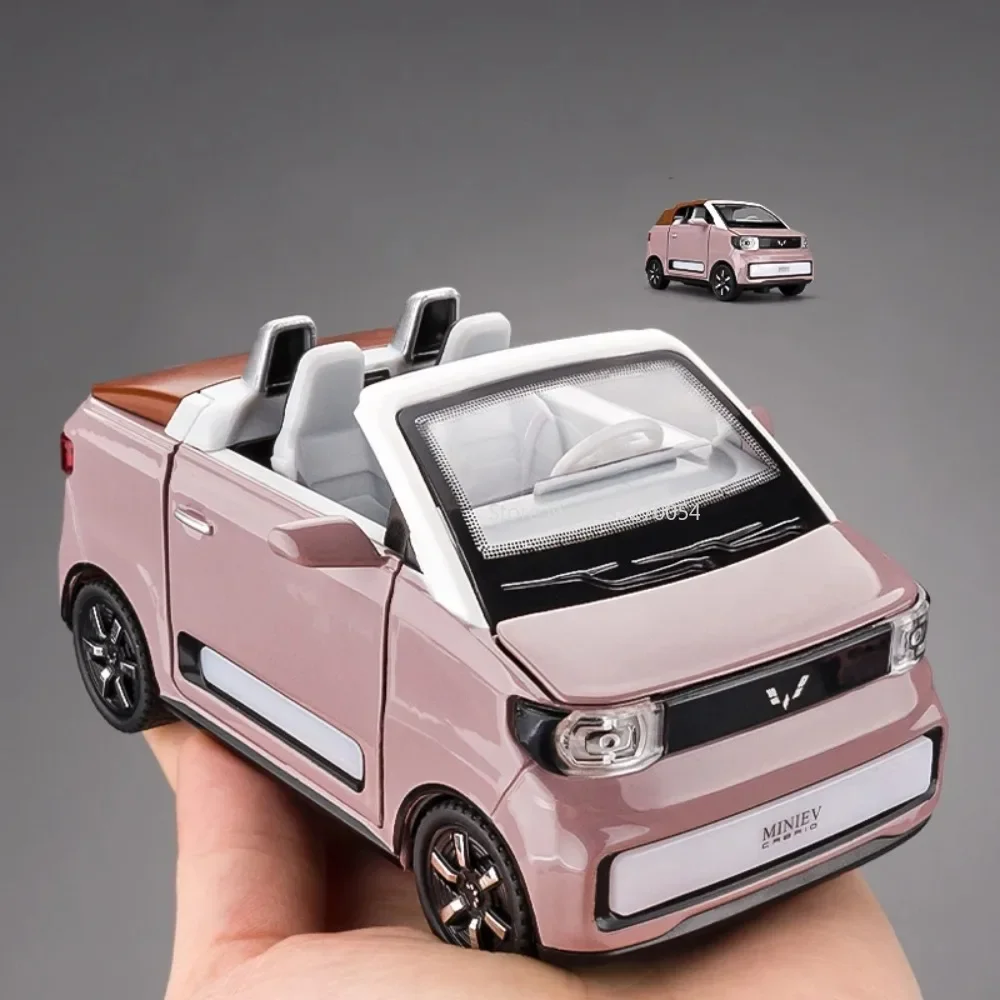 WuLing-MINI EV Convertible Edition, modelos de coches de simulación fundidos a presión, luz de sonido, vehículos extraíbles, colección de regalos para niños, 1/24