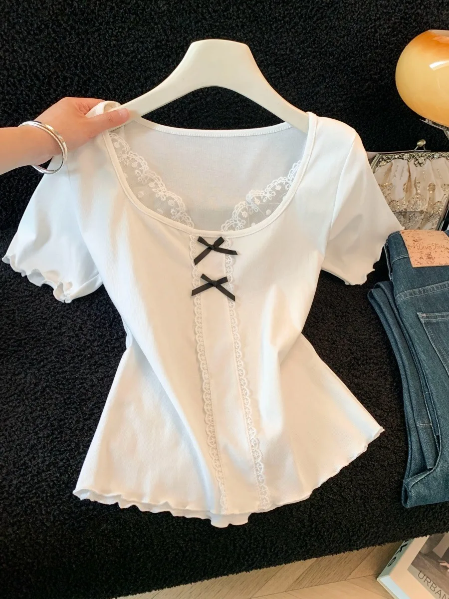 Cute Knot Lace Splice Slim Fit Short Sleeve T-Shirt Women's Summer New Style Age Reduction Base Shirt City Walk Tou...