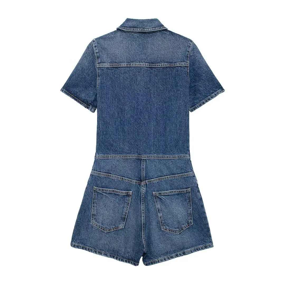 Tuta da donna in tessuto Denim moda Casual nuova Chic 2024 da donna tuta da donna con tasca laterale a maniche corte retrò Mujer