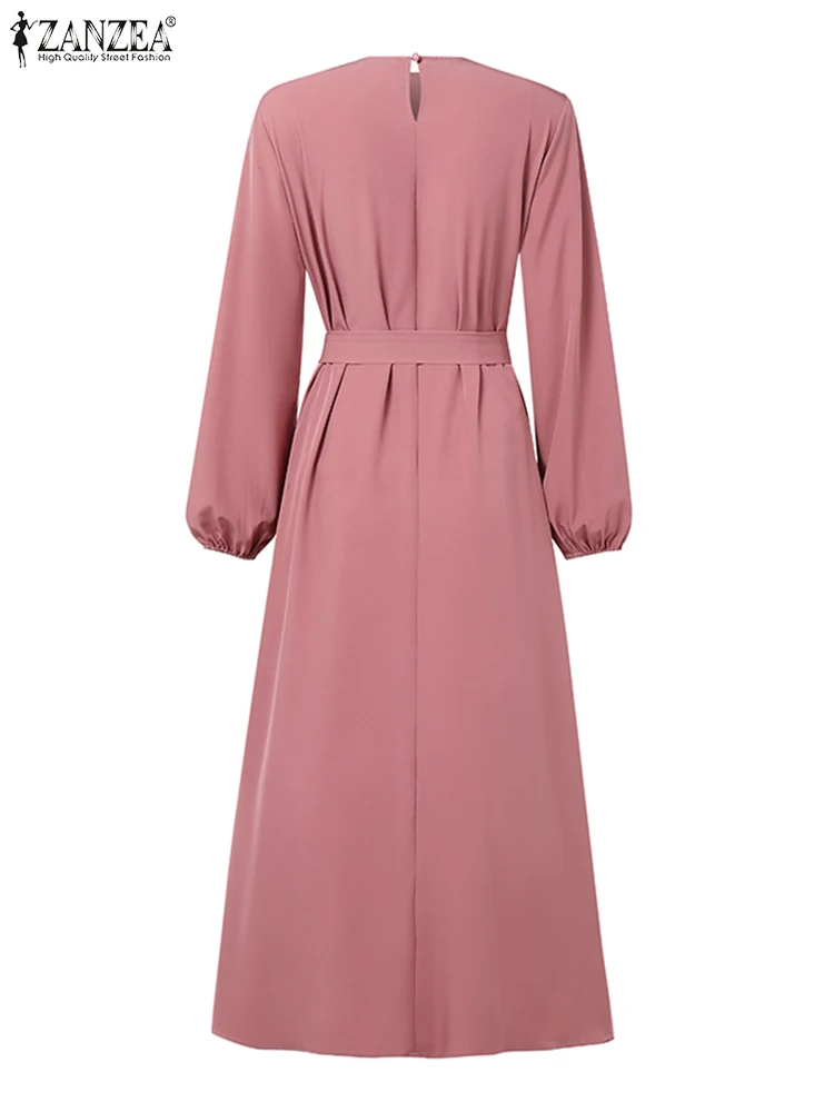 ZANZEA Women Autumn Patchwork Maxi Dress 2025 Elegant Long Sleeve Pleated Sundress Robe Femme Eid Mubarek Muslim Abaya Dresses