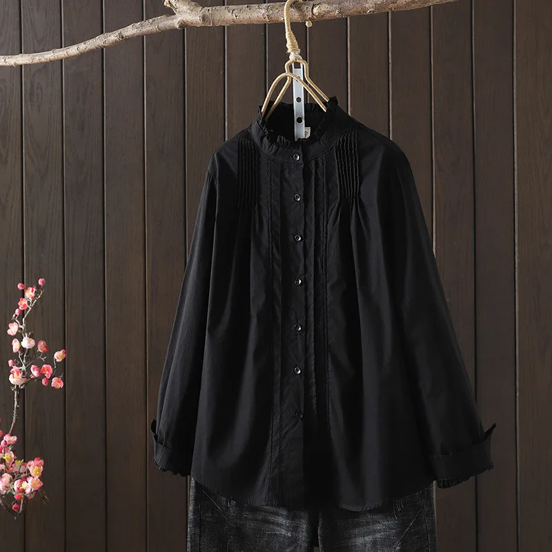 100% Cotton white blue black women elegant shirts fall clothes 2024 women Korean fashion long sleeve tops ladies pleated shirts