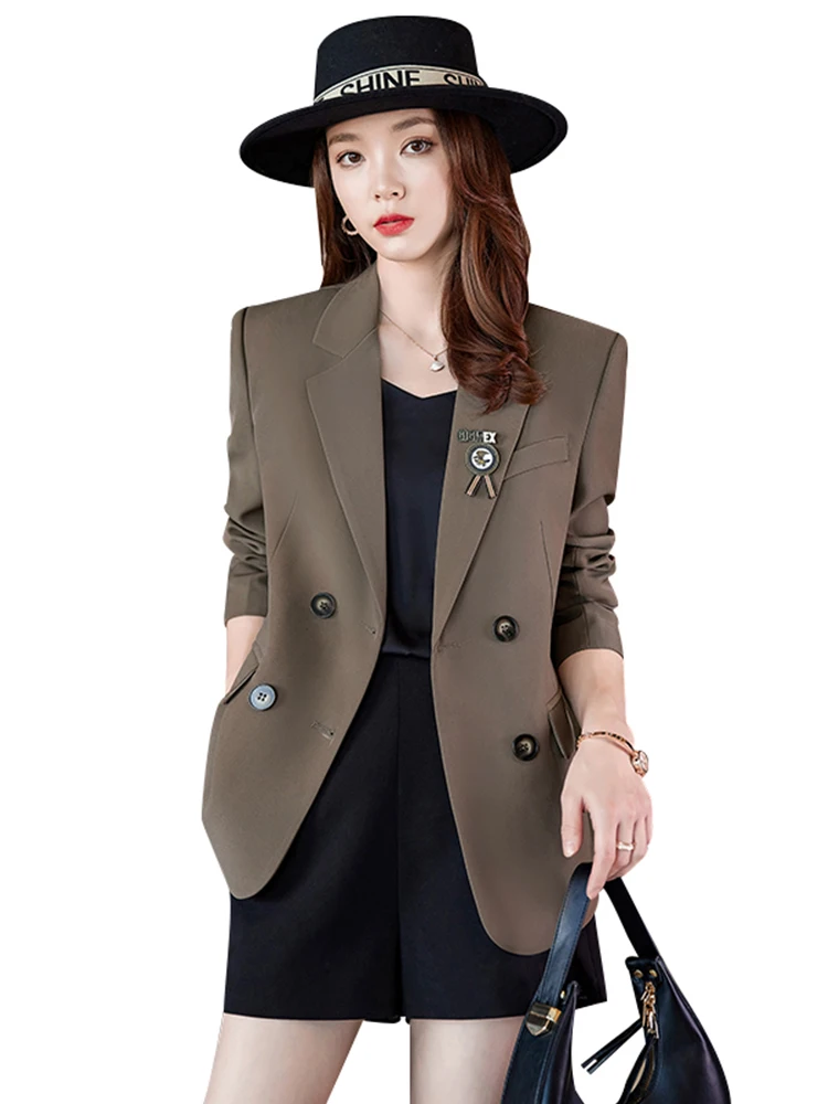 Fashion Women Black Coffee Casual Solid Blazer Coat Spring Autumn Female Ladies Long Sleeve Double Breasted Jacket