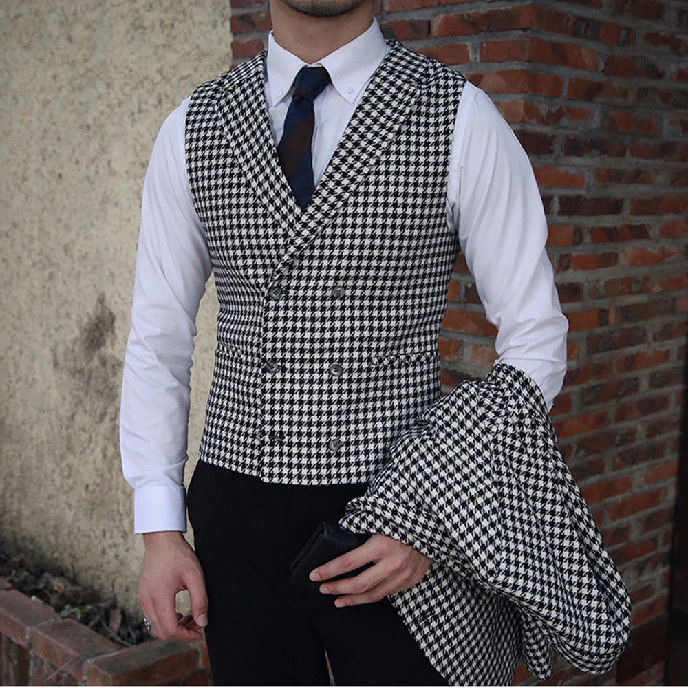 3 pçs ternos masculinos para feito sob encomenda houndstooth blazer + colete preto pant casamento tuexdos formal festa de noite masculino outfit jacket