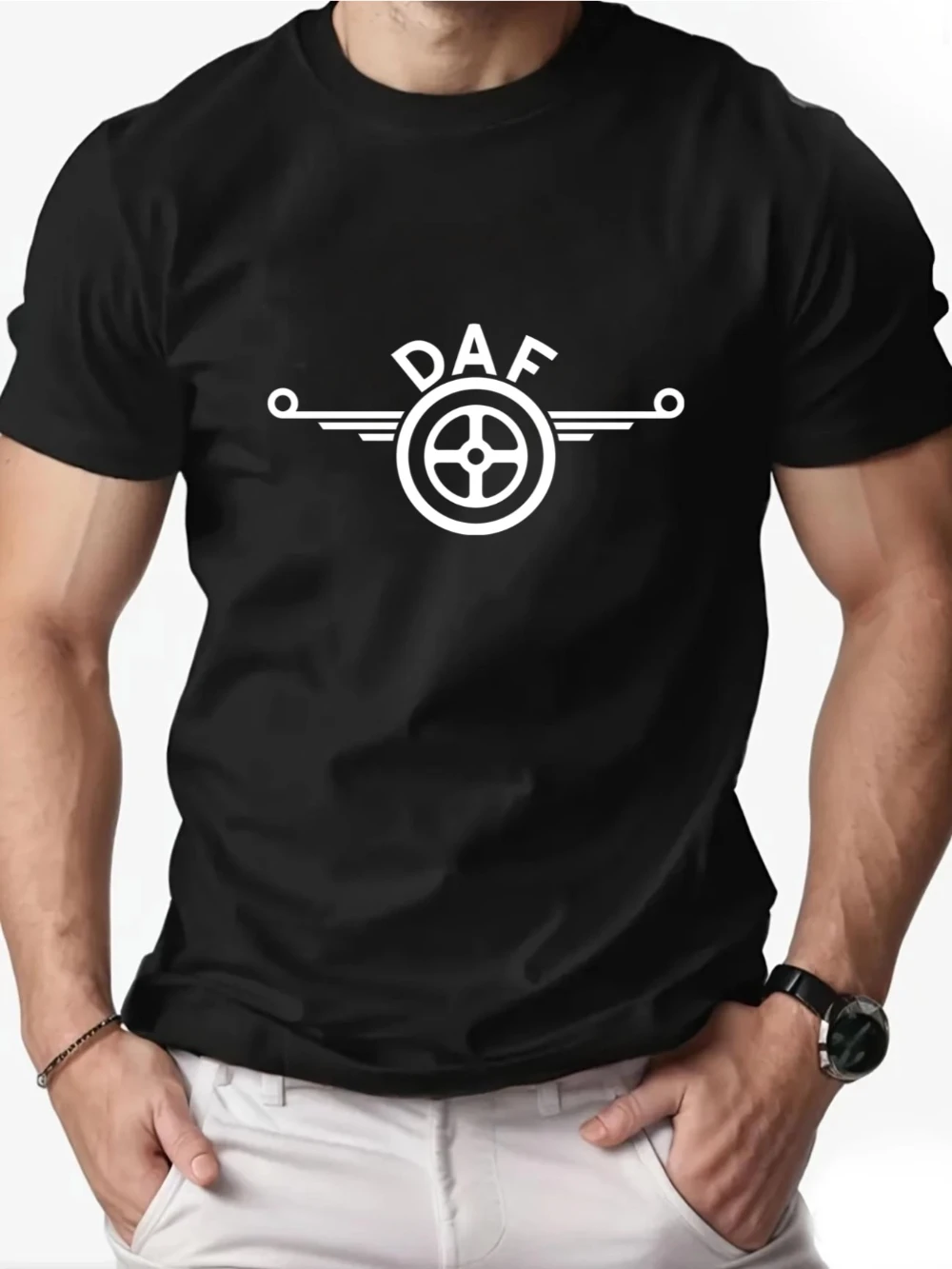 Trendy retro steering wheel letter print men's short-sleeved T-shirt truck driver theme summer couple's pure cotton loose shirt