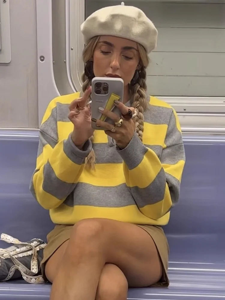 

HH женская модная уличная одежда свободный ленивый 2-цветный вязаный свитер с воротником-поло в полоску женский осенний тонкий пуловер с длинными рукавами топ