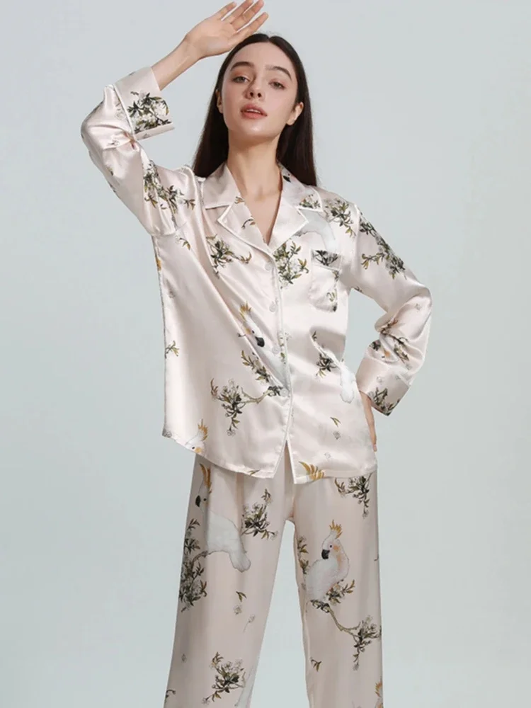 22MM 100% Mulberry Silk Printed Nightwear Pajama Set Button Down Lapel Homewear Cardigan Real Silk Pajamas Luxury Loungewear PJS