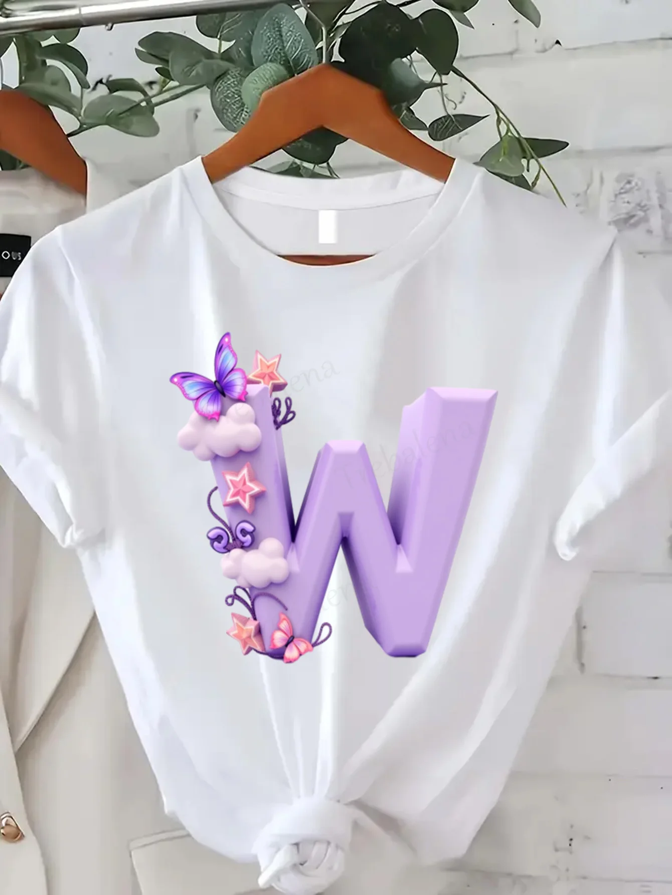 

Удобная женская футболка с принтом, милая футболка с 3D буквой W и бабочкой и звездами, пастельно-фиолетовый дизайн для женщин