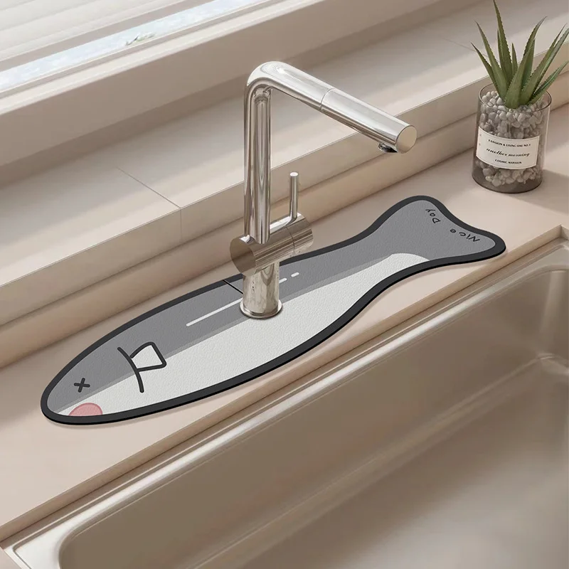 VIKAMA Cute Cartoon Fish shaped Faucet Absorbent Pad Quick drying Sink Splash Protection Pad Kitchen Bathroom Home Decoration