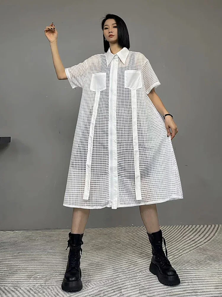 XITAO-vestido camisero con perspectiva calada, cuello vuelto, manga corta, bolsillos empalmados, moda de verano, nuevo vestido para mujer LYD1765