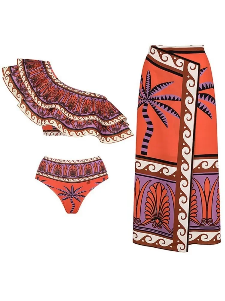 Retro Bikini Printed Fashion Bikini Set And One Piece Cover Up With Skirt Tight Women's Bandage Summer Beach Luxury Elegant