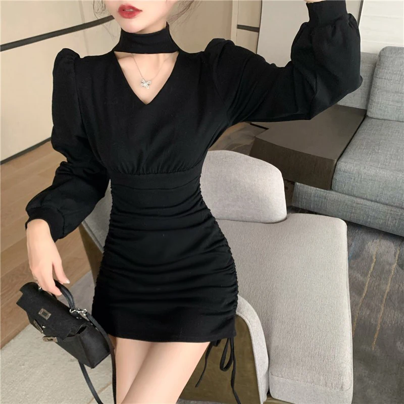 

Fashion Sexy V-Neck Mini Dress Summer Scarf Collar Sheath Ruched Casual Elegant Slim Women Dress