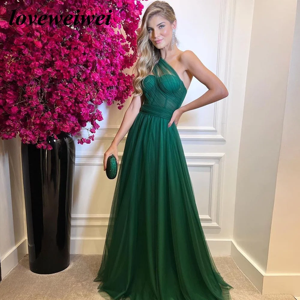 

Loveweiwei Green Soft Tulle Prom Dresses Long A Line One Shoulder Pleats Party Gowns Tulle Sashes Evening Dress robes de soirée