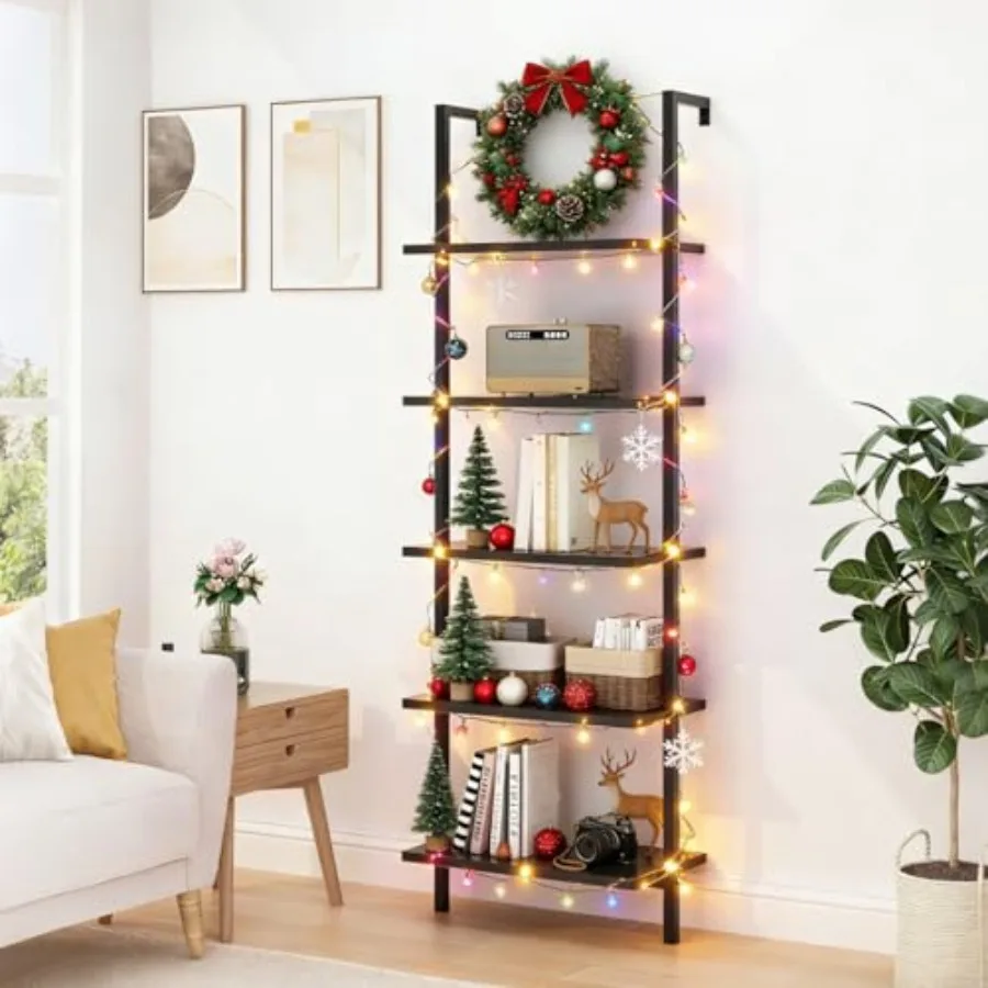 

5 Tier Wall Mounted Ladder Shelf with Metal Frame Open Design for Living Room Bedroom Home Storage 23.62L x 11.81W x 70.87H Lig