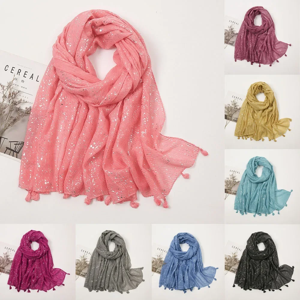 

2025 Fashion Luxury Glitter Tassel Women Headscarf Cotton Linen Shawl Scarf Lady Soft Shiny Pashmina Stole Foulards Muslim Hijab
