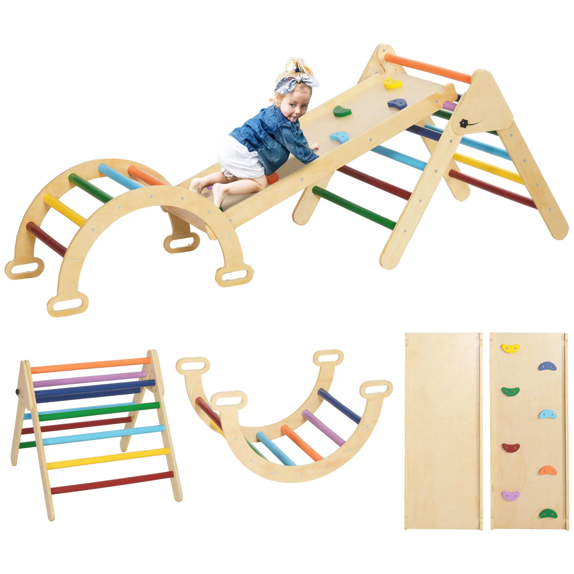 Image of Aiyaplay 5-in-1 Montessori Kletterdreieck mit Bogen und Rampe, Faltbares Holz-Kletterdreieck für Kinder, für 18-48 Monate, zum Rutschen oder Klettern, 178x64,5 cm, Mehrfarbig