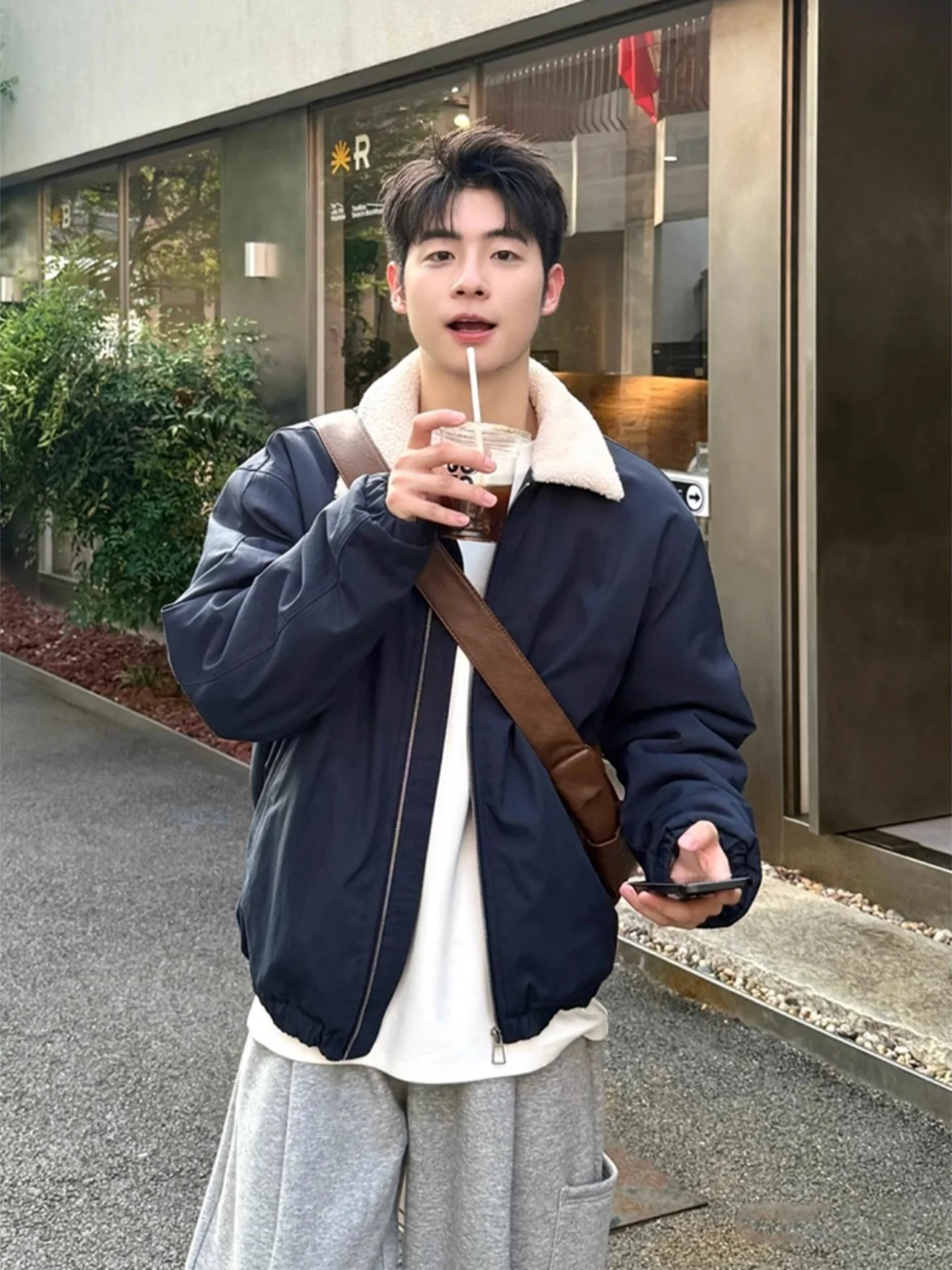 

Coppery Blue Lamb Velvet Collar Men's Cotton Jaet Thermal American Trendy Brand Cool High-End Feeling Cotton Outerwear