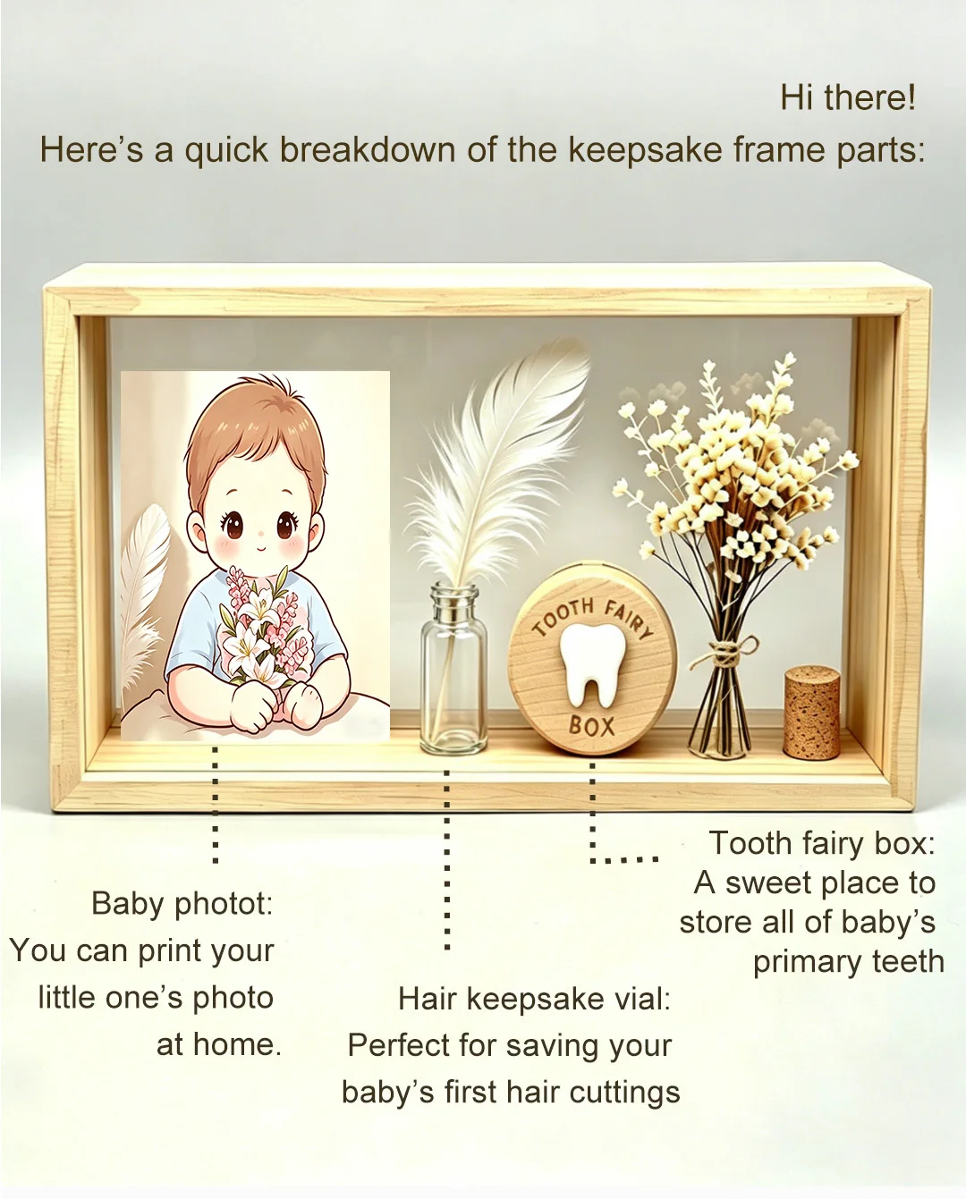 Baby Memory Keepsake Set with LED Photo Frame, Tooth Fairy Box, Hair Container and Dried Flowers, Newborn Gift