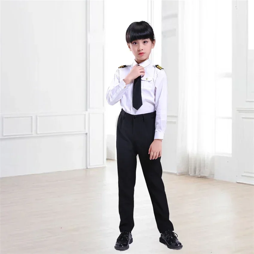 Kids Pilot Costumes Children Cosplay for Boys Girls Flight Attendant Costume Airplane Aircraft Air Force Performance Uniforms