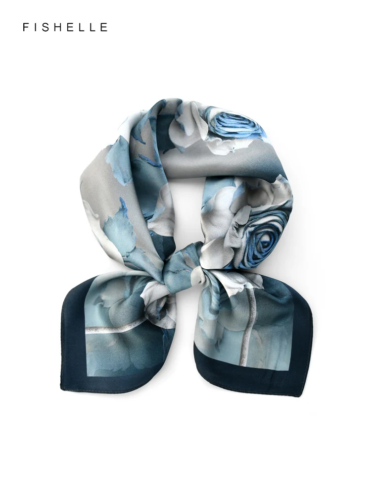 Grey Blue White Rose natural silk scarf for women 65cm square foulard luxury ladies hair scarves headscarf spring autumn