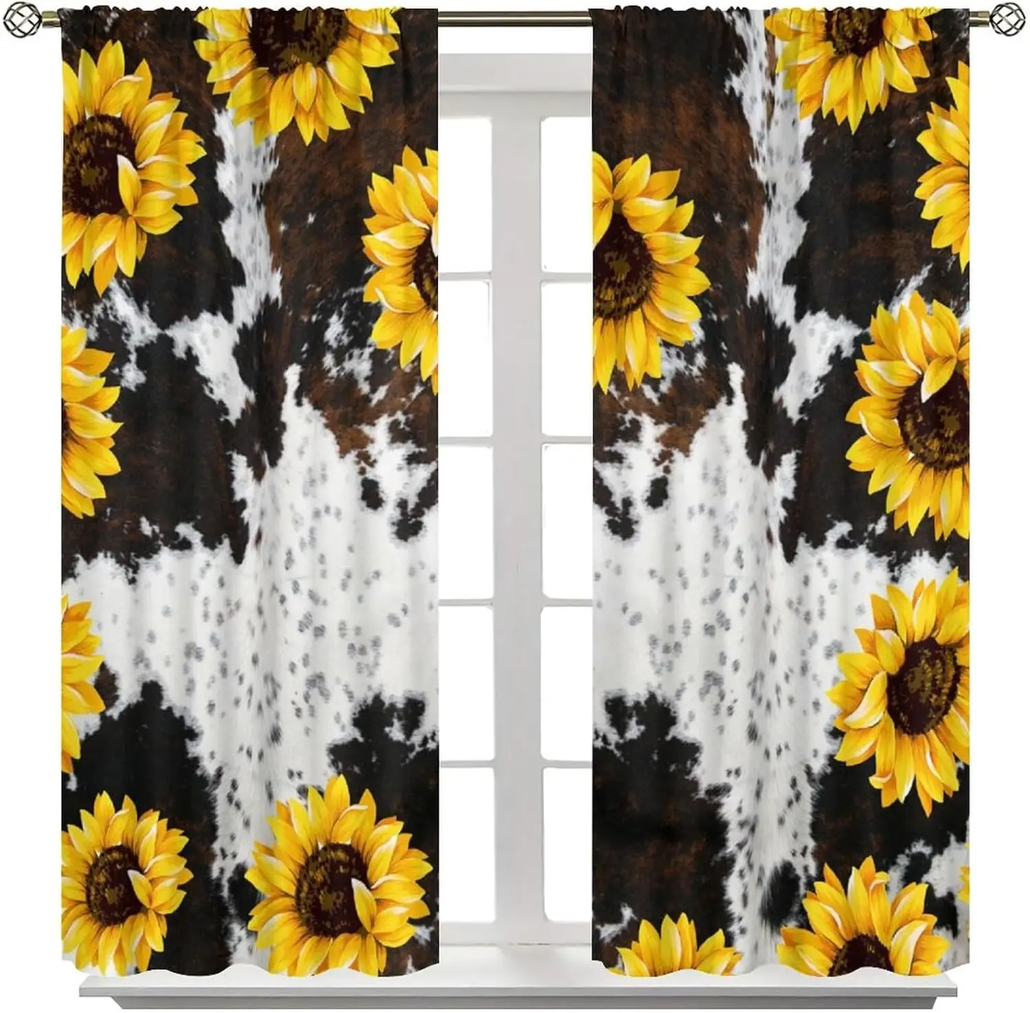 Cow Print Curtains, Country White Brown Black Cowhide Yellow Floral Highland Cow Fur Window Drapes for Farmhouse Bedroom