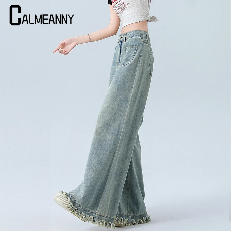 Women Jeans 2023 Autumn Versatile Y2k Denim Trousers Washed Retro Vintage Mopping Fashion Pocket Wide Leg Pants Leisure Street