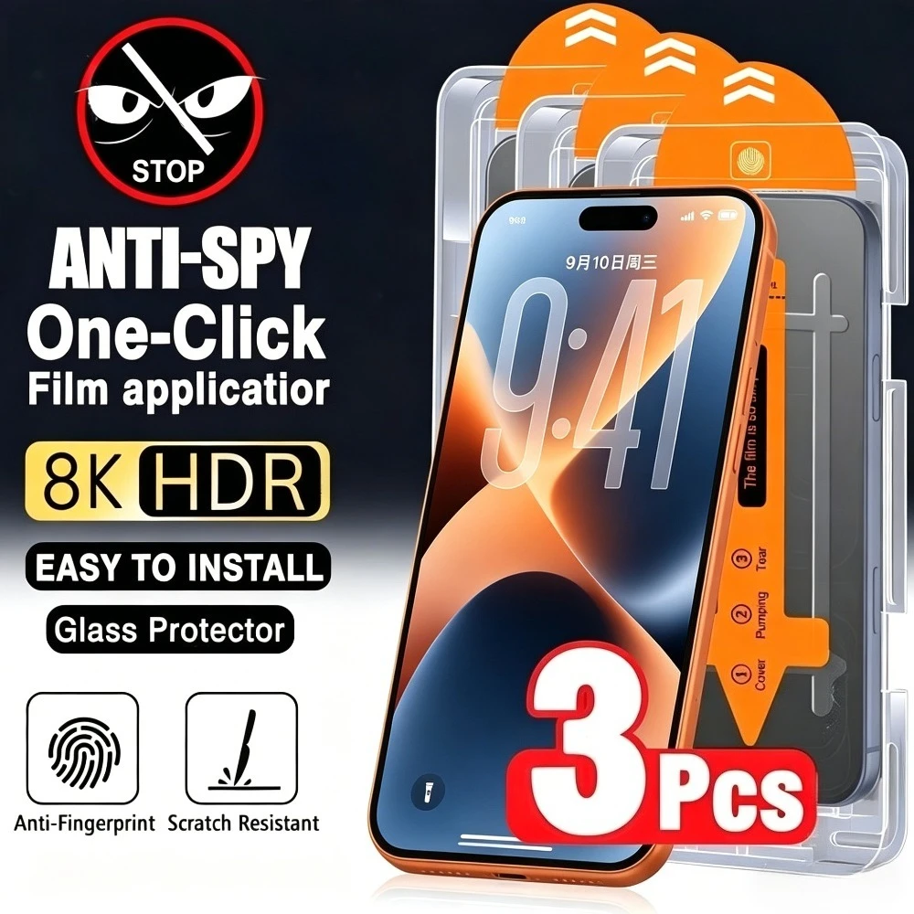 

3Pcs Privacy Full Screen Protector for iPhone 17 16 15 Pro Max Air 17e 16 15 Plus 14 13 12 11 Pro Dust Free Installation Glass
