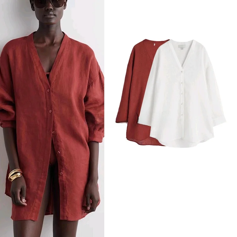 

Summer Women's Lazy Sle Loose Fit Mixed V-ne Old Money irt Top Polyester Fiber 00% Long Sve Regular Length Pure Color